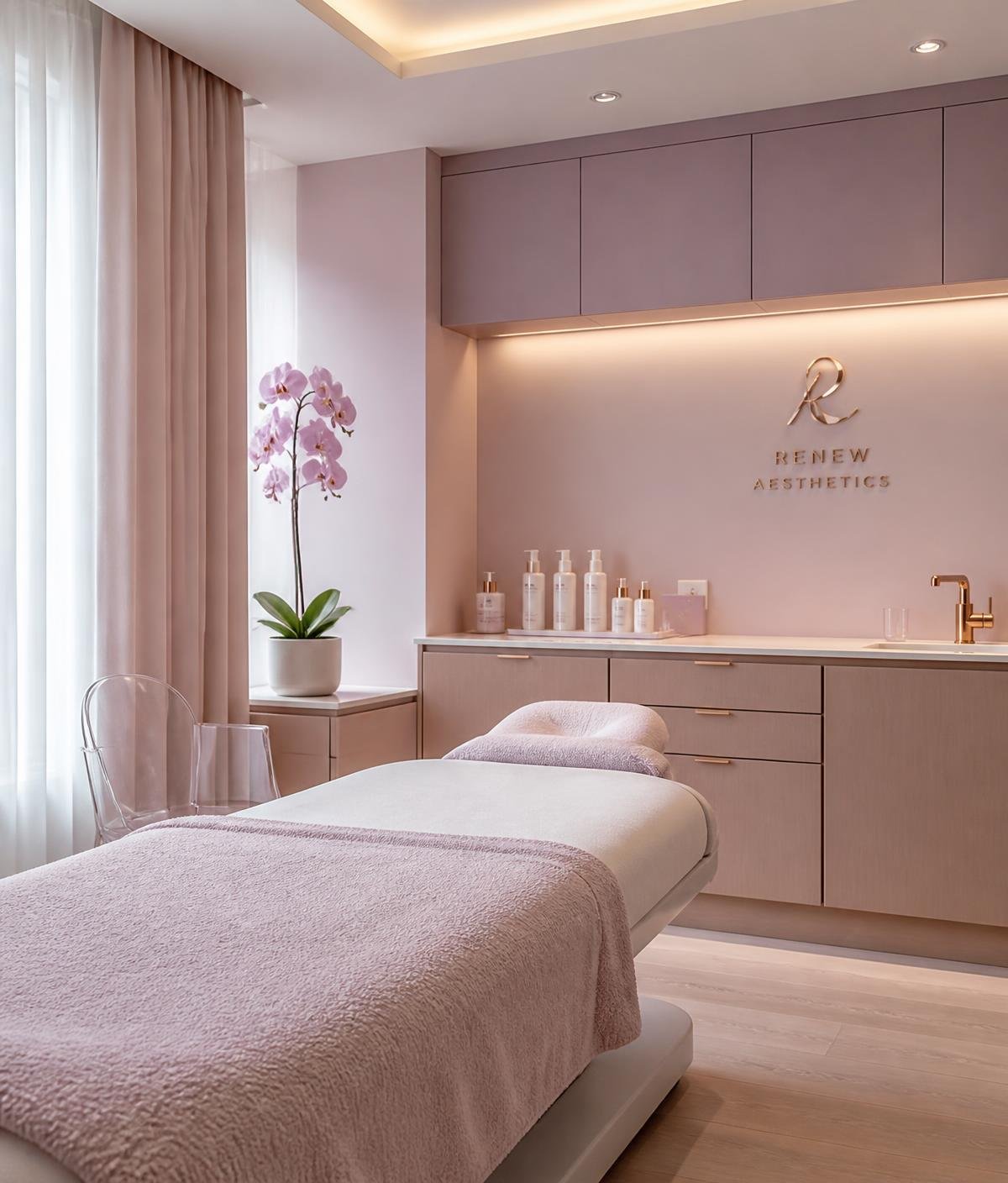 Sala de tratamiento de una clínica estética en tonos rosa y lavanda